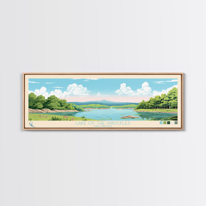 Lake of the Arbuckles Oklahoma Framed Canvas Print, Panoramic Wall Art, Midcentury Modern, Pop Art, Bedroom Art, Travel Poster, Lake House Decor