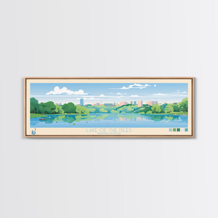 Lake of the Isles Minneapolis Framed Canvas Print, Panoramic Wall Art, Midcentury Modern, Pop Art, Living Room Decor, Travel Poster, Lake House Art