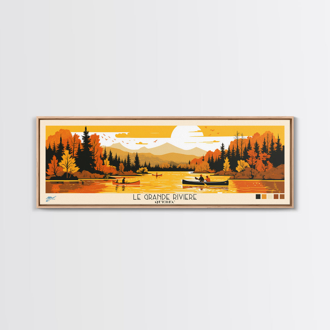 Le Grande Riviere, Quebec Panoramic Wall Art Framed Canvas Print, Midcentury Modern, Pop Art, Home Decor, Travel Poster, Living Room Art
