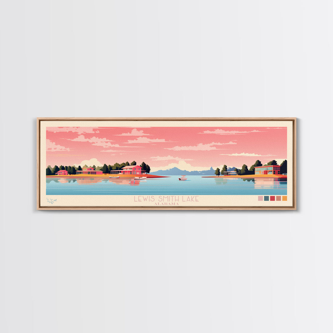 Lewis Smith Lake, Alabama Panoramic Wall Art Framed Canvas Print, Midcentury Modern, Pop Art, Home Decor, Travel Poster, Living Room Art