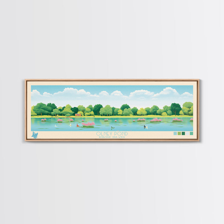 Olney Pond, Rhode Island Framed Canvas Print, Panoramic Wall Art, Midcentury Modern, Pop Art, Home Decor, Travel Poster, Living Room Art