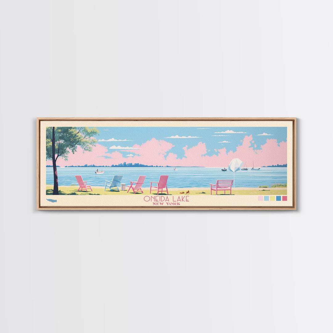 Oneida Lake, New York Framed Canvas Print, Panoramic Wall Art, Midcentury Modern, Pop Art, Home Decor, Travel Poster, Bedroom Art