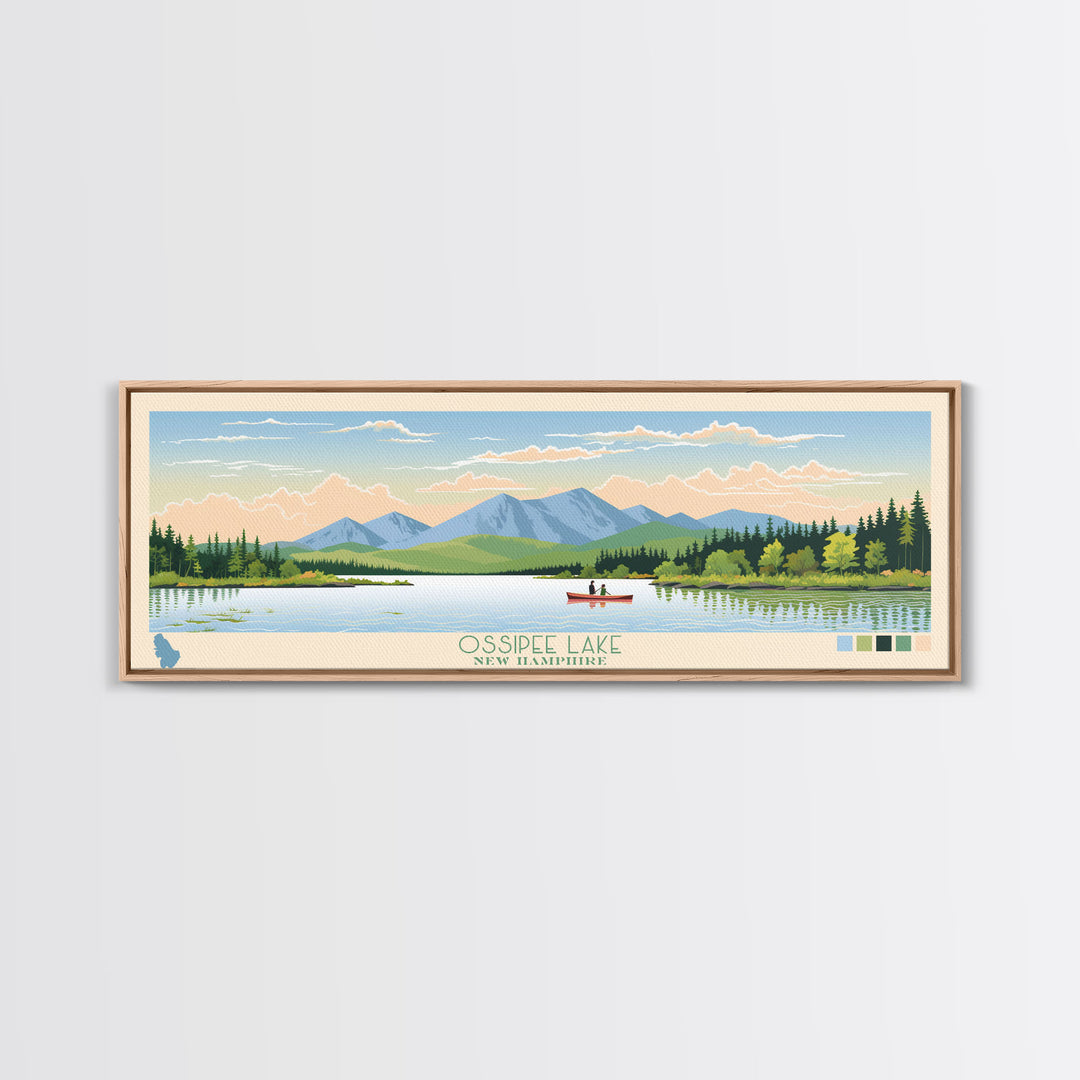 Ossipee Lake, New Hampshire Framed Canvas Print, Panoramic Wall Art, Midcentury Modern, Pop Art, Home Decor, Travel Poster, Bedroom Art