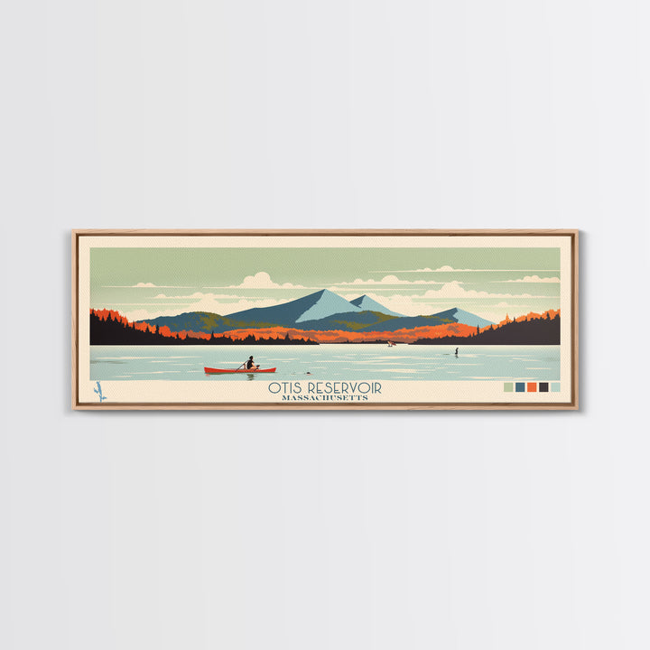 Otis Reservoir, Massachusetts Framed Canvas Print, Panoramic Wall Art, Midcentury Modern, Pop Art, Home Decor, Travel Poster, Living Room Art