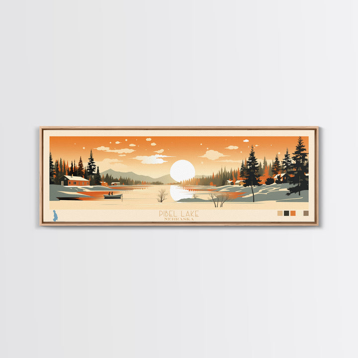 Pibel Lake, Nebraska Framed Canvas Print, Panoramic Wall Art, Midcentury Modern, Pop Art, Home Decor, Travel Poster, Bedroom Art