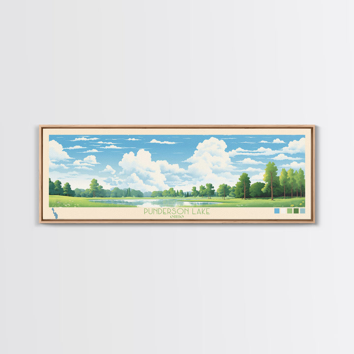 Punderson Lake, Ohio Framed Canvas Print, Living Room Art, Midcentury Modern, Pop Art, Panoramic Wall Art, Travel Poster
