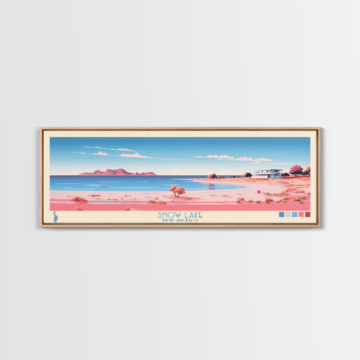 Snow Lake, New Mexico Framed Canvas Print, Lake House Art, Midcentury Modern Decor, Pop Art, Travel Poster, Living Room Wall Art