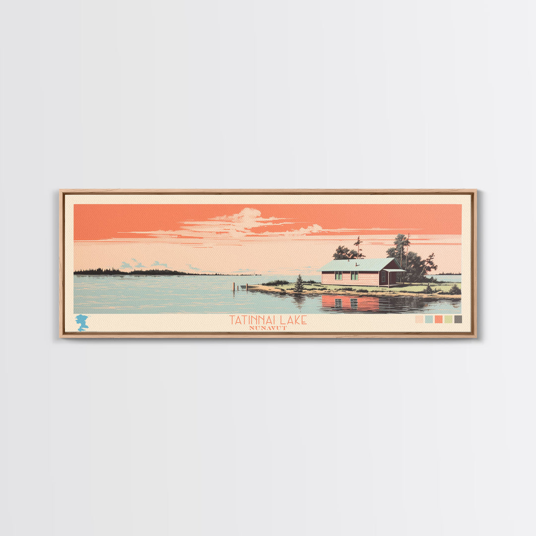 Tatinnai Lake, Nunavut Framed Canvas Print, Lake House Decor, Midcentury Modern Art, Pop Art, Travel Poster, Living Room Wall Art