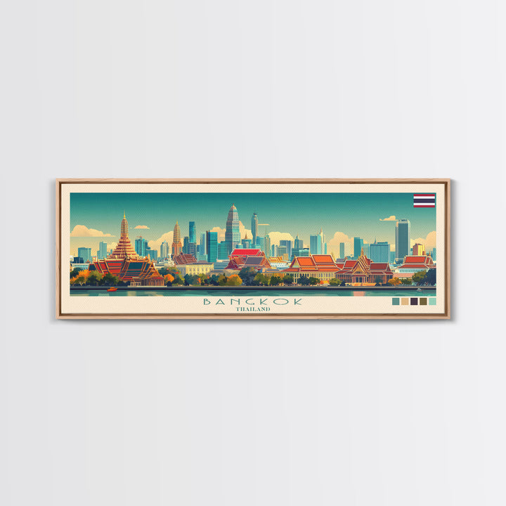 Bangkok, Thailand Travel Poster Panoramic Canvas Print, Bangkok, Thailand Painting, Thailand Art, Bangkok Travel Art, Guest Room Painting