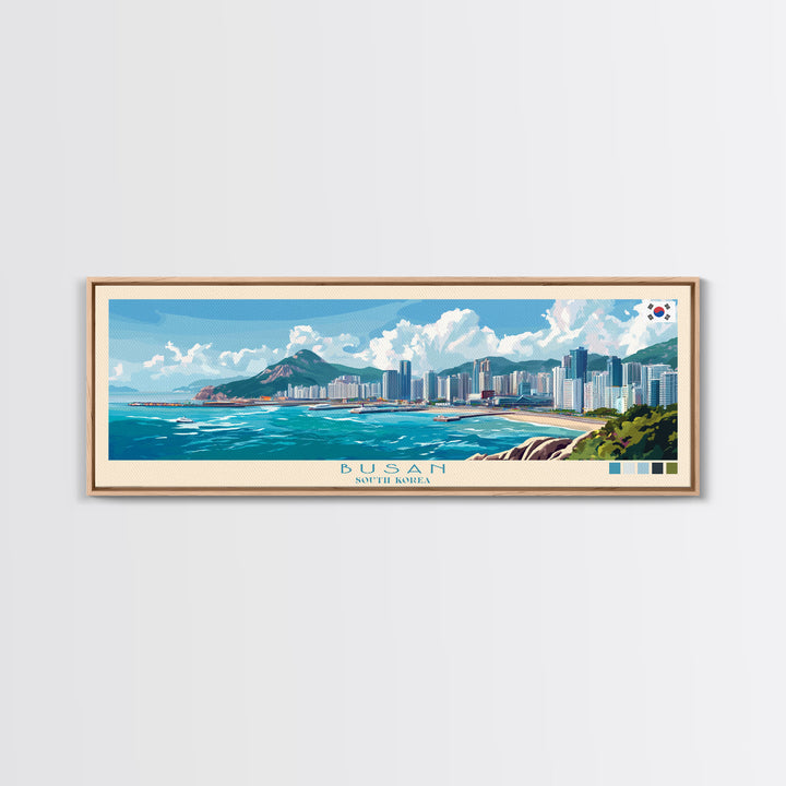 Busan, South Korea Travel Poster Panoramic Canvas Print, Busan, South Korea Painting, South Korea Art, Busan Travel Art, Guest Room Painting