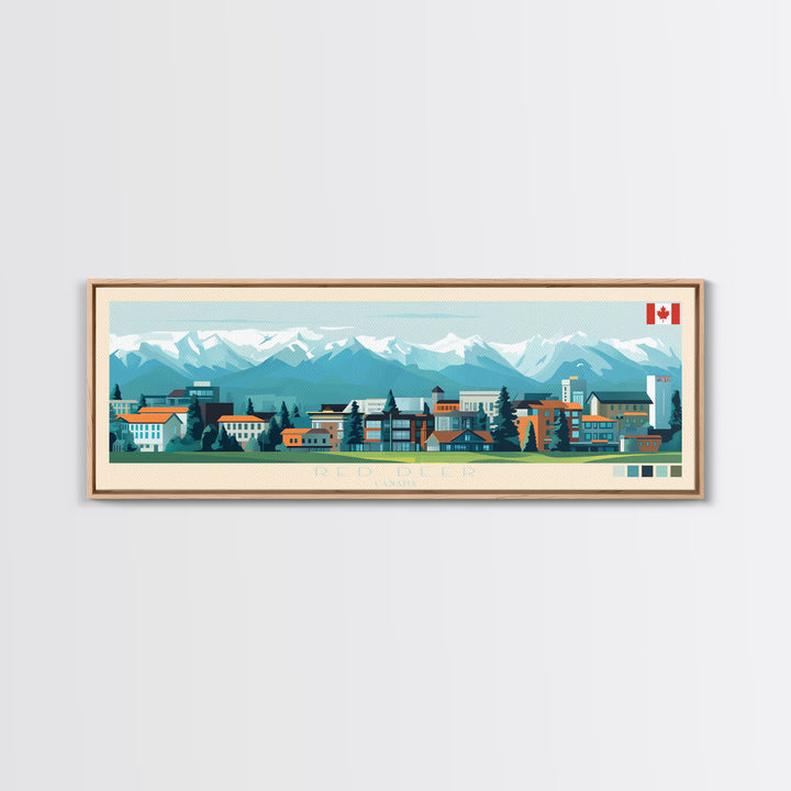 Red Deer, Canada Travel Poster Panoramic Canvas Print, Red Deer, Canada Painting, Canada Art, Red Deer Travel Art, Guest Room Painting