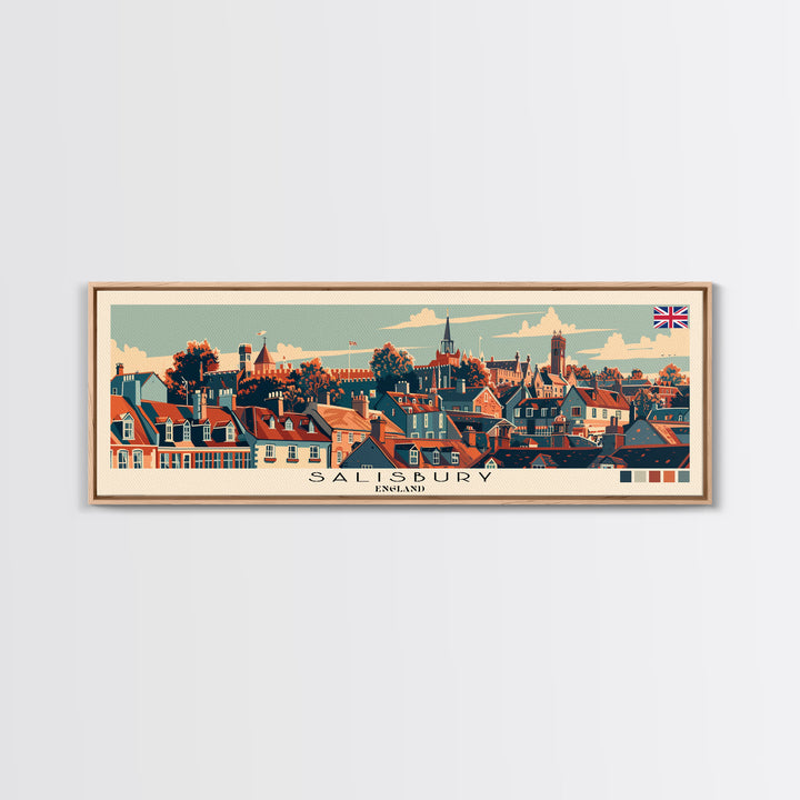 Salisbury, England Panoramic Canvas Print, Salisbury, England Painting, England Art, Salisbury Travel Poster, Travel Art, Guest Room Painting