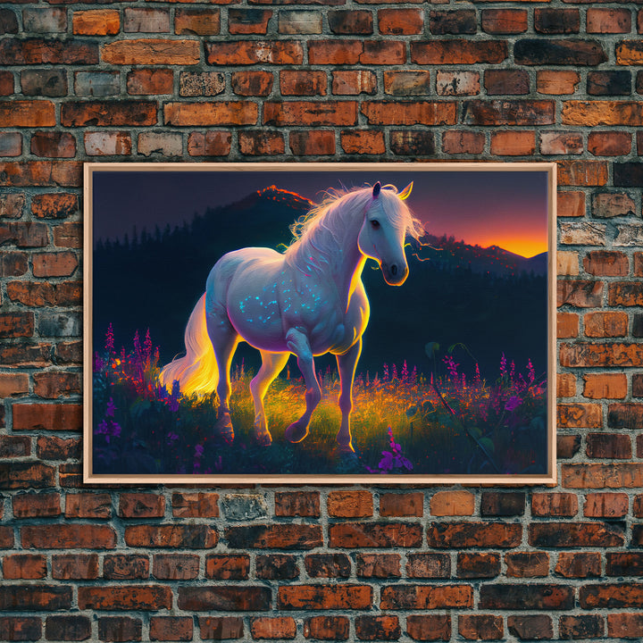 Vibrant portrait of a white horse in a field of flowers, vaporwave aesthetic art, animal prints, framed canvas print, colorful wall art