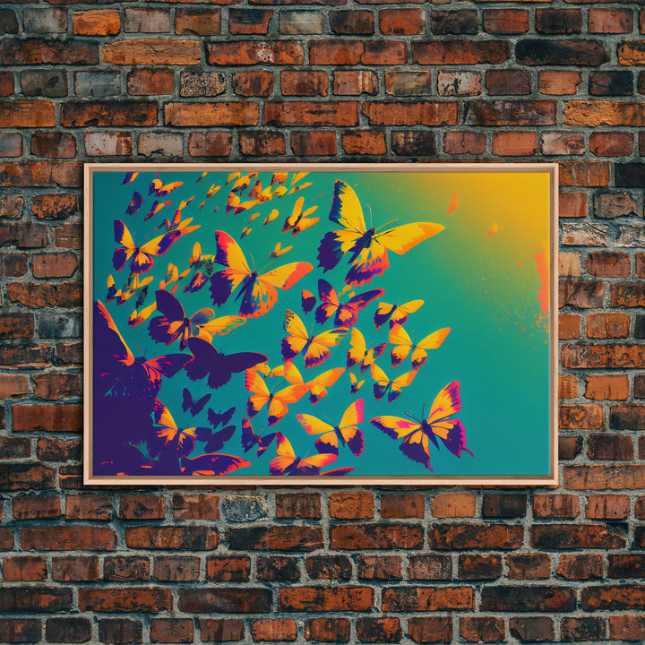 Synthwave Tangerine butterflies, beautiful butterfly art, framed canvas print, framed wall art