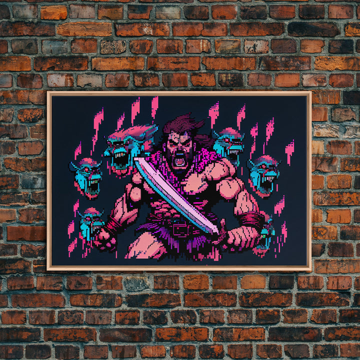 Barbarian pixel art, vaporwave RPG concept art, framed canvas print