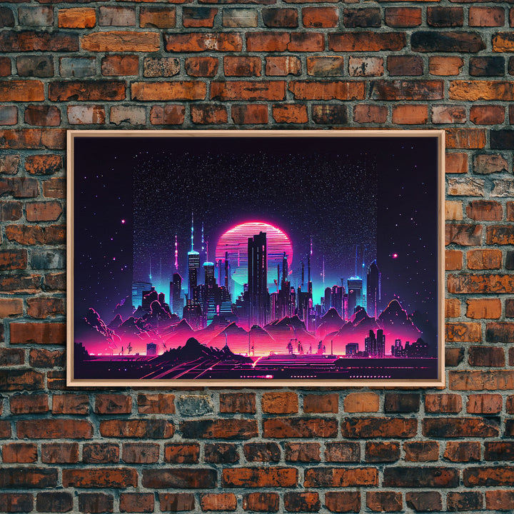 Cyberpunk city skyline superimposed over a sunset, synthwave style dystopian  art, framed canvas print
