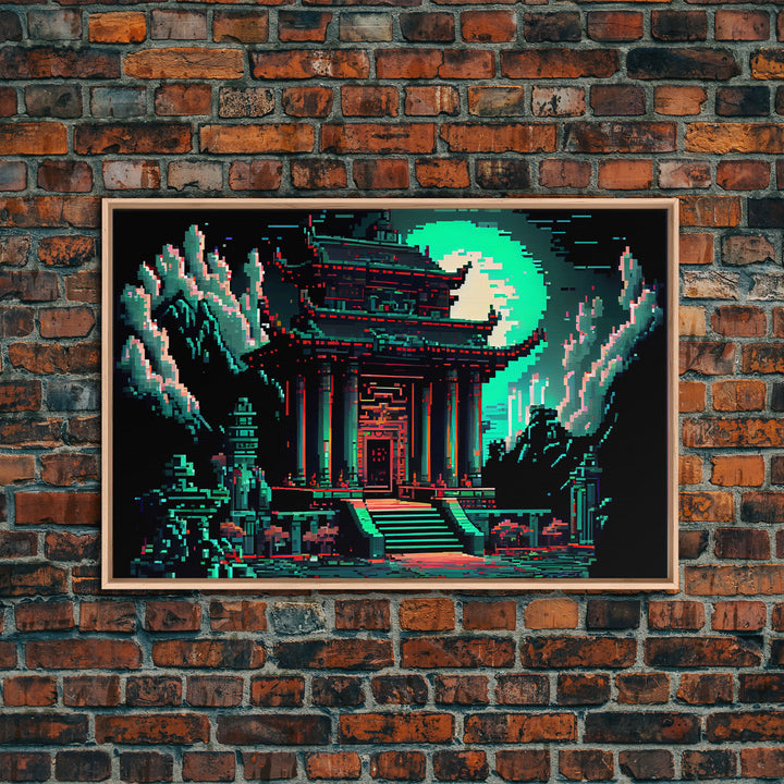 Japanese Pagoda pixel art, cyberpunk style pagoda, framed canvas print
