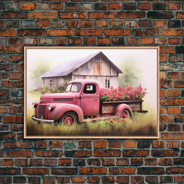 Old Pink Truck Used As a Flower Bed, Framed Canvas Print Or Poster, Rustic Farmhouse Decor, Primitive Art, Country Home Art