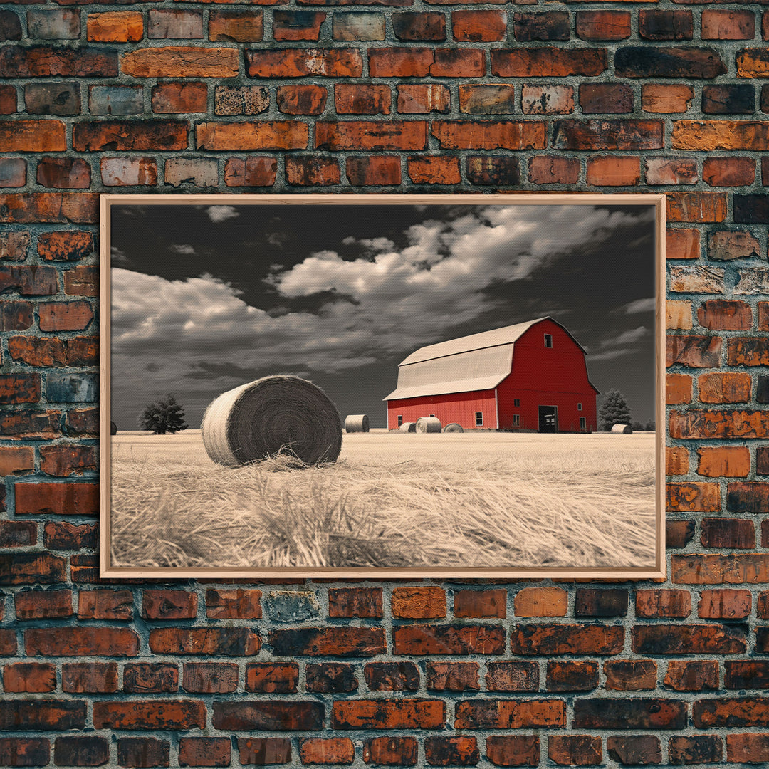 Wide Open Spaces, Red Barn Under A Storm Canvas Print, Rustic / Minimalist Cottagecore Wall Art, Framed Canvas Print, Hay Bale Art, Liminal