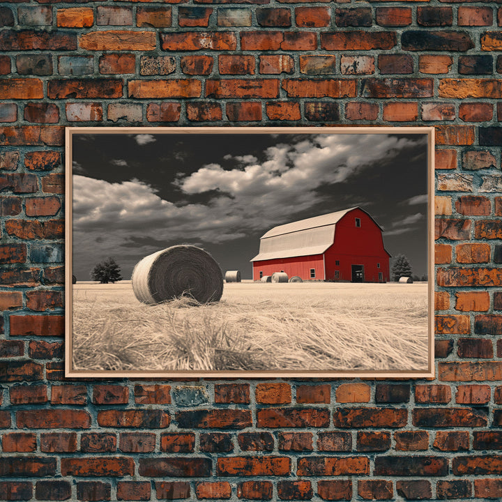 Wide Open Spaces, Red Barn Under A Storm Canvas Print, Rustic / Minimalist Cottagecore Wall Art, Framed Canvas Print, Hay Bale Art, Liminal