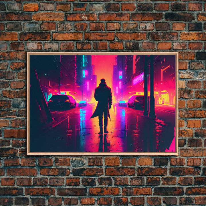 Cyberpunk bounty hunter art, vaporwave synthwave dystopian cityscape, framed canvas print