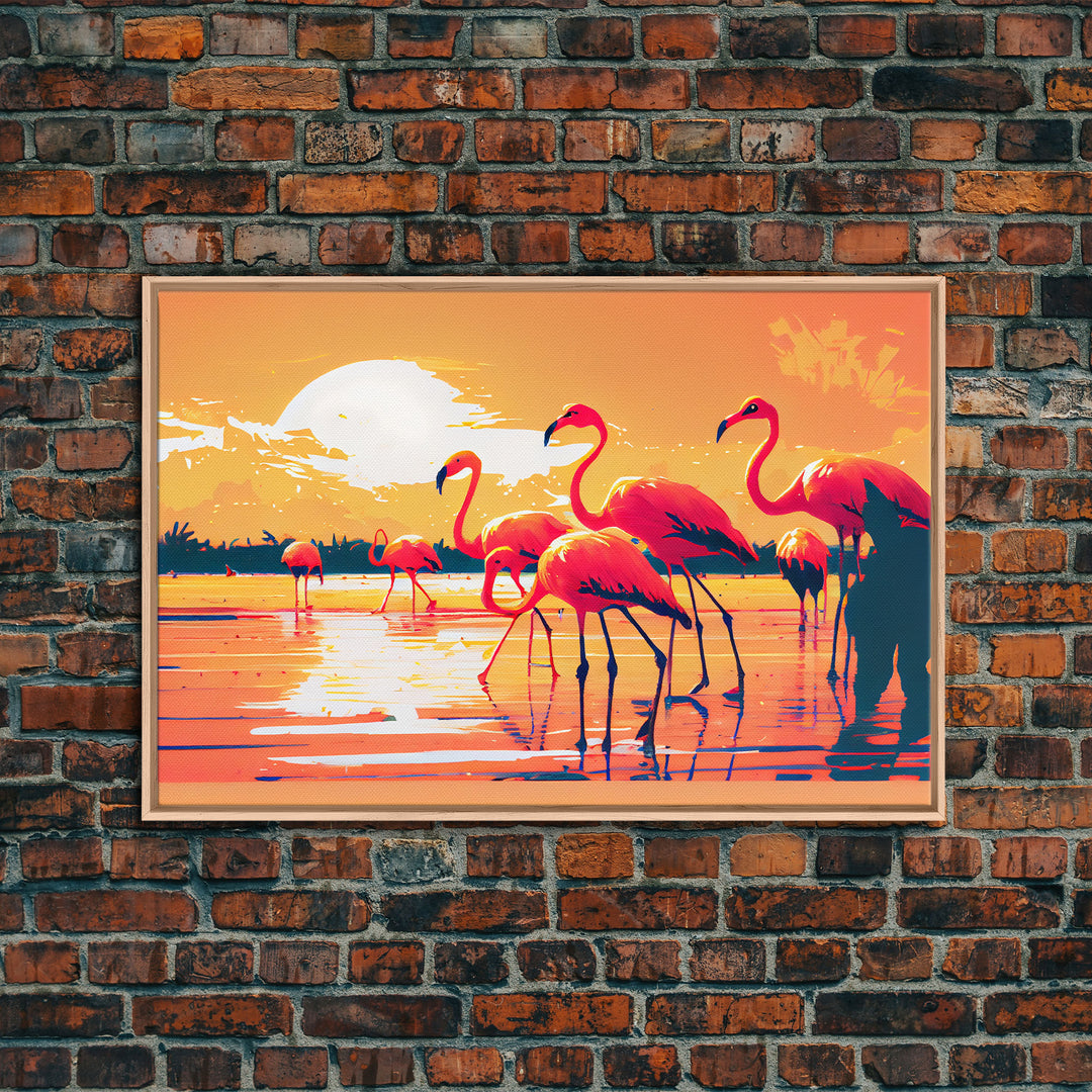 Pink Flamingos at Sunset, framed canvas print, vaporwave vibes art