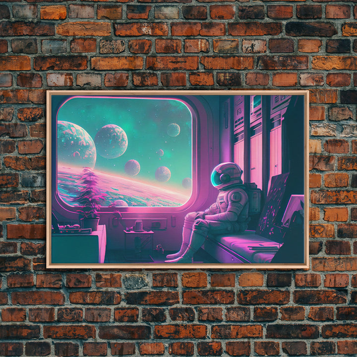 Vaporwave Aesthetic Scifi Art, In Transit, Astronaut riding the space train, framed canvas print
