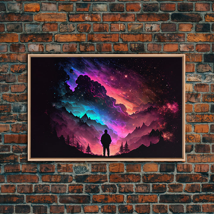 Contemplating the Universe, retro style space art, framed canvas print, synthwave space decor