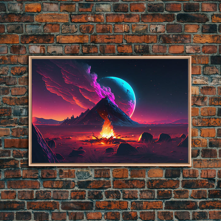 Campfire under a Full Moon, Framed canvas print, retro synthwave / outrun style primitive home decor