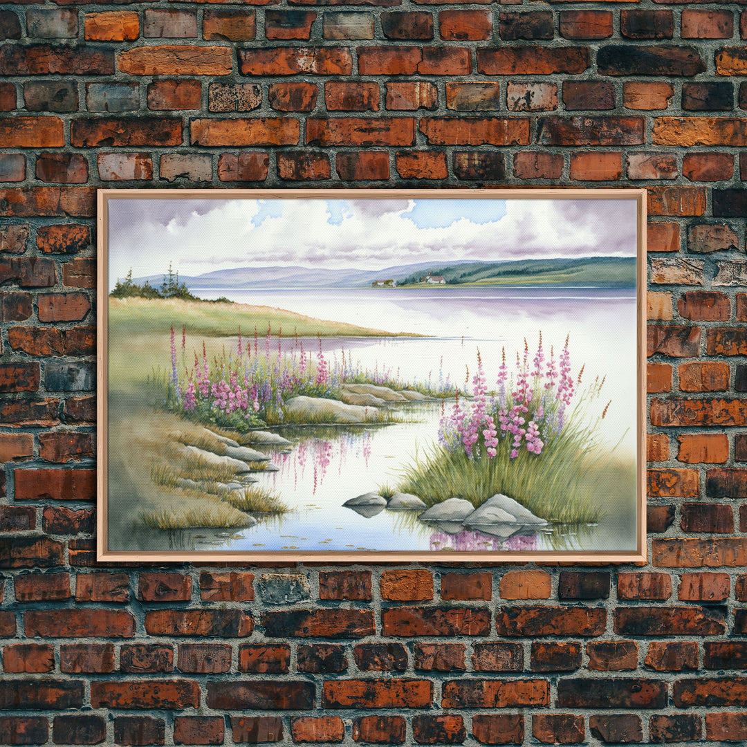 Pink flower landscape art, beautiful nature watercolor painting canvas print, Framed Canvas Print, Wall decoration, living room wall art