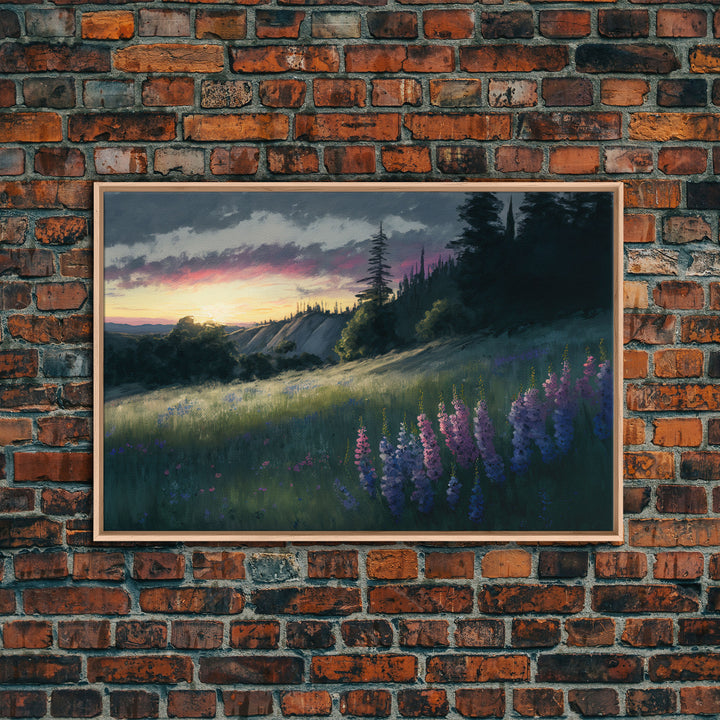 Watercolor of a beautiful landscape at sunset, rustic farmhouse decor, primitive art, cabin art, wall decoration