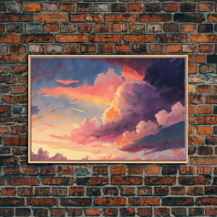 Pink Clouds Sunset Art | Framed Canvas Print | Vintage Style Painting Print | Whimsical Boho Decor | Modern Farmhouse Art