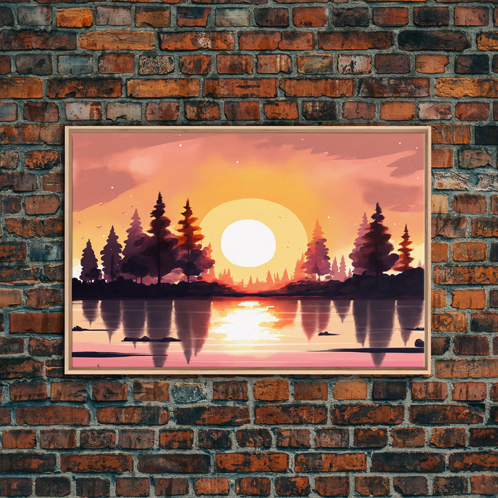 Sunrise Over The Lake and Forest, Lakehouse landscape art, orange and red tones, framed canvas print, watercolor art