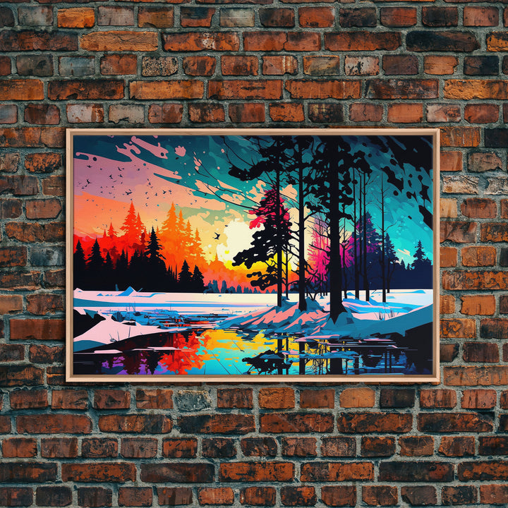 Pop Art Style Water Color of a Winter Forest | Minimalist Contemporary Art | Framed Canvas Print | WPAP Style Landcape Art