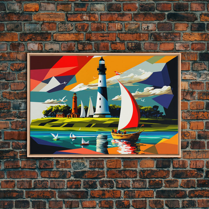 Sailboat and Lighthouse | Pop Art Style Painting Print | Framed Canvas Print | Colorful  Minimalist Art | Nautical Art