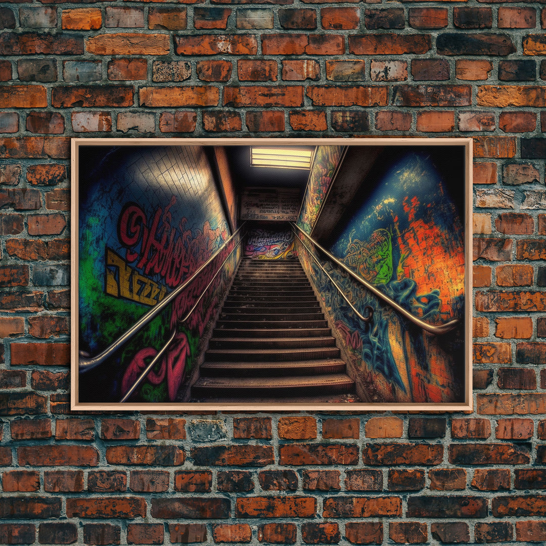 Graffiti Covered Staircase | Subway Stairs | Framed Canvas Print | Punk Art | Dystopian Cyberpunk Art