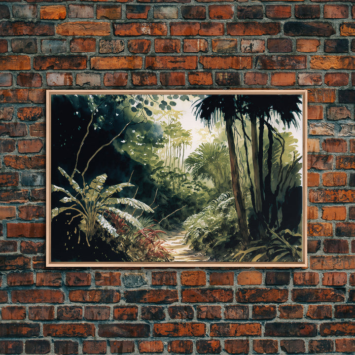 Watercolor of a Jungle Landscape, Framed Canvas Print, Framed Wall Art