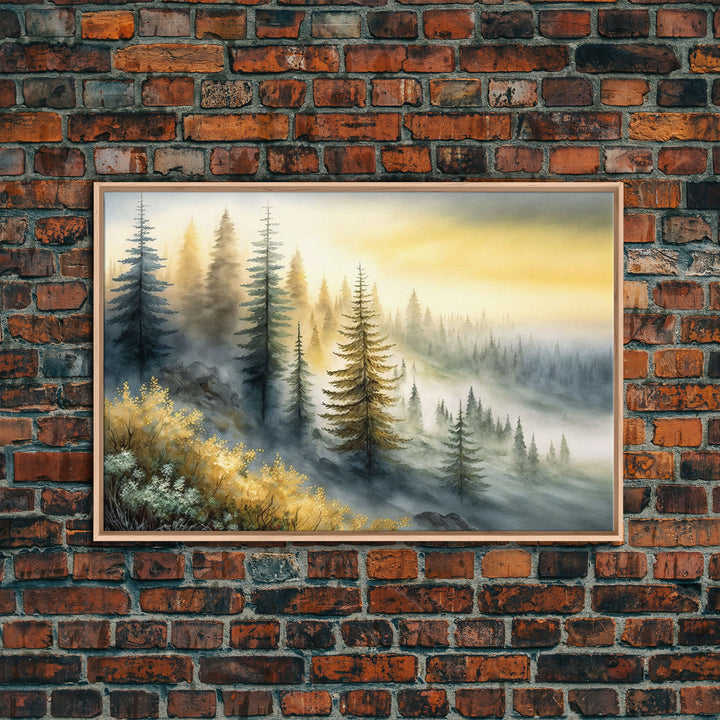 Watercolor of a foggy pine tree forest, framed canvas print, unique wall art, contemporary art