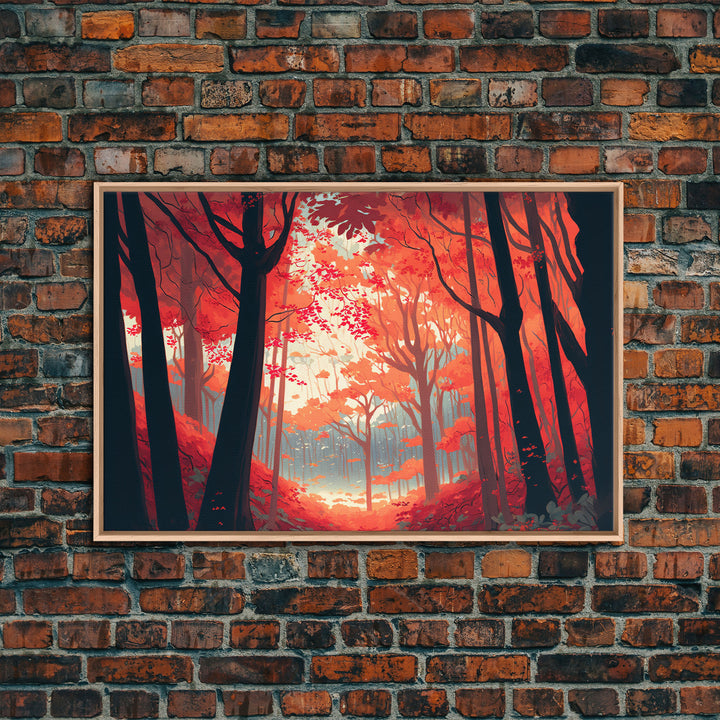 Red Forest, Forest Images, framed canvas print, forest ecosystem wall art, autumn forest wall art