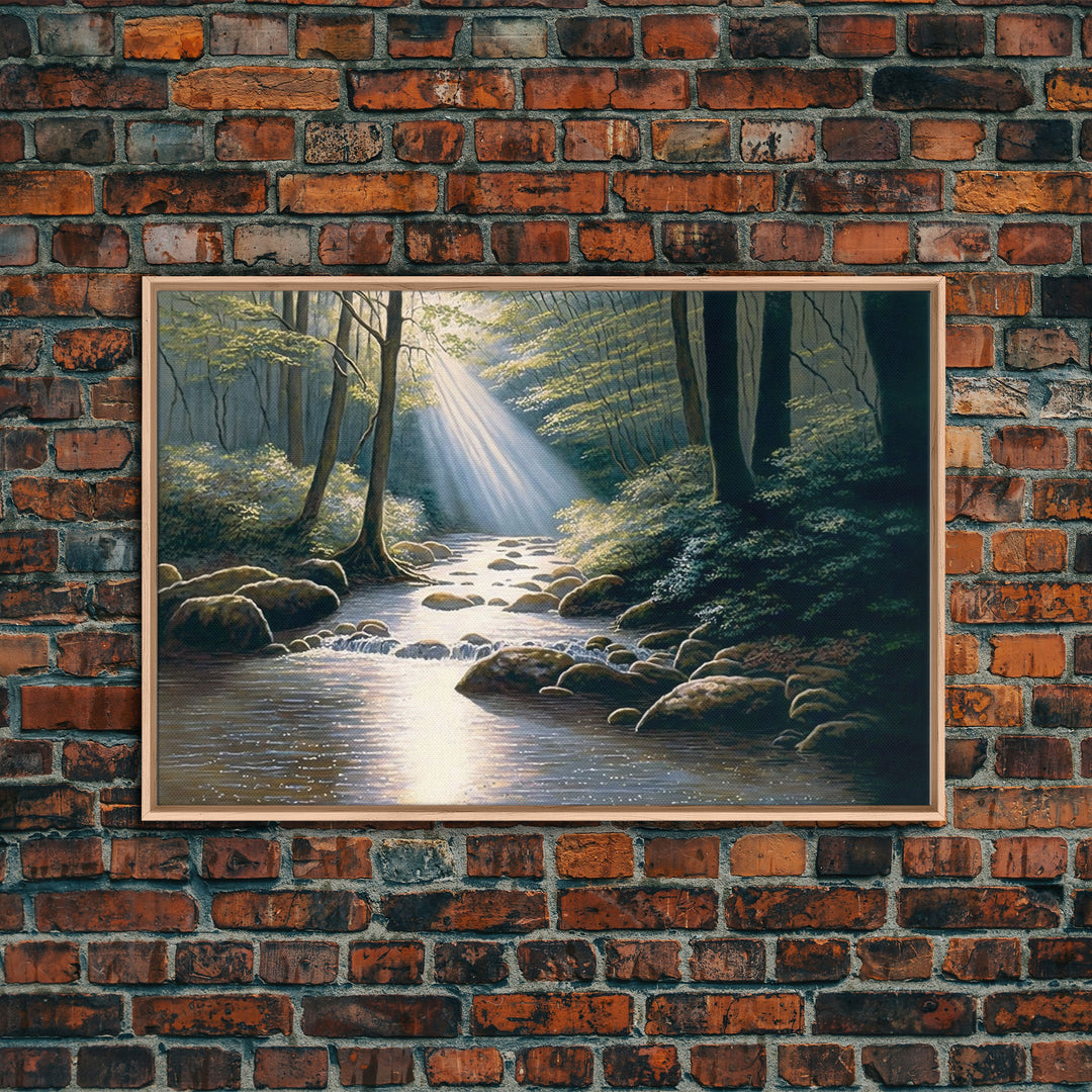 Colorful Watercolor Art, Framed Canvas Print, unique wall art, framed wall art, Landscape watercolor, Beams of Sunlight piercing the canopy