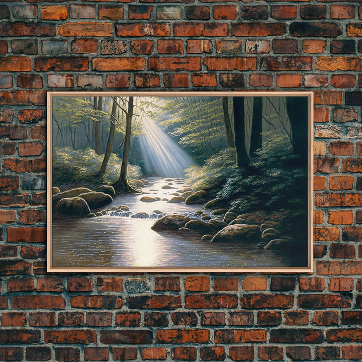 Colorful Watercolor Art, Framed Canvas Print, unique wall art, framed wall art, Landscape watercolor, Beams of Sunlight piercing the canopy