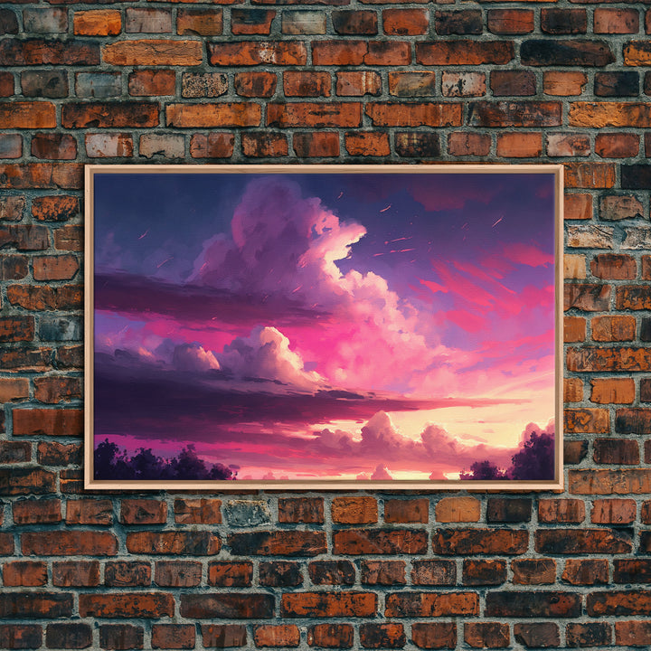 Contemporary Sunset Cloudy Sky, Framed canvas print, colorful landscape art, living room decor
