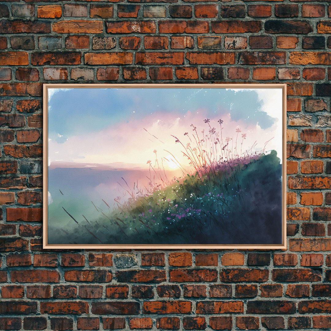 Serene Sunset, Watercolor Landscape Art, Framed Canvas Print, colorful wall art, above couch living room art