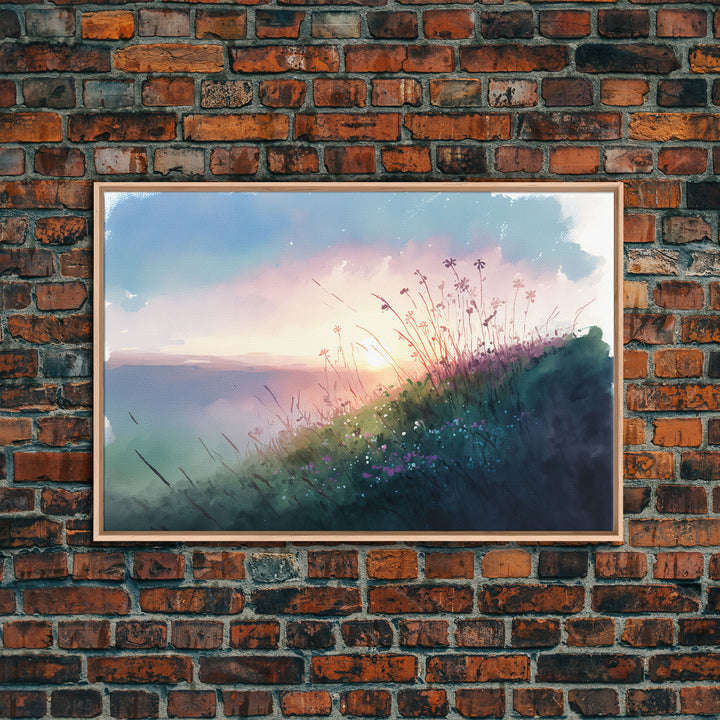 Serene Sunset, Watercolor Landscape Art, Framed Canvas Print, colorful wall art, above couch living room art