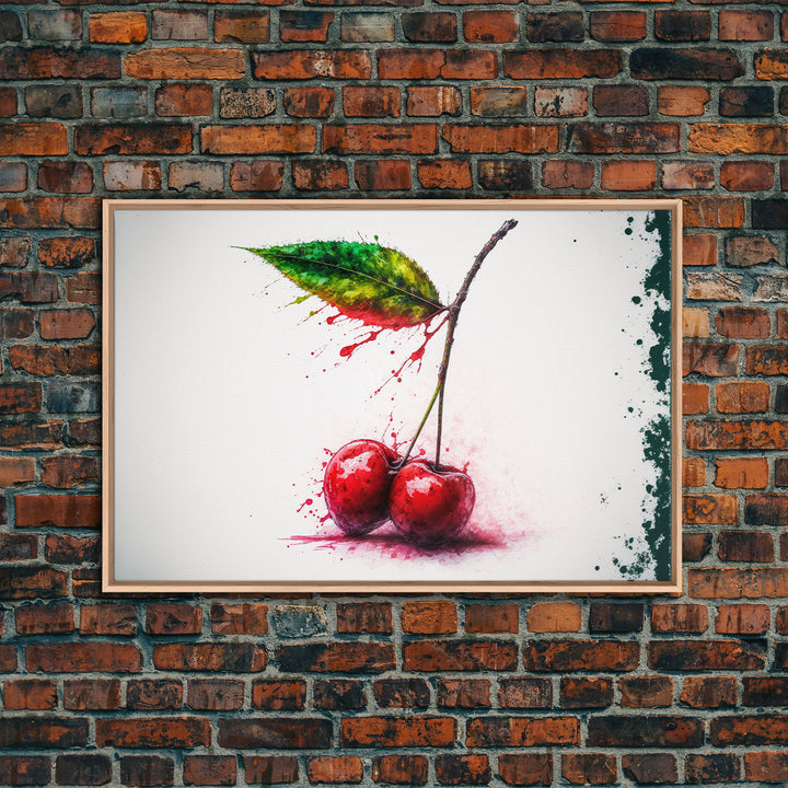 Watercolor Cherry, Still Life Paint Splatter Art, Framed Canvas Print, Fruit Art, Cherries with Stems Watercolor Painting