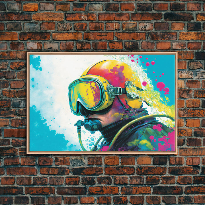 Graffiti Pop Art Scuba Diver, Framed Canvas Print, Scuba Painting, Retro Under Water Punk Art