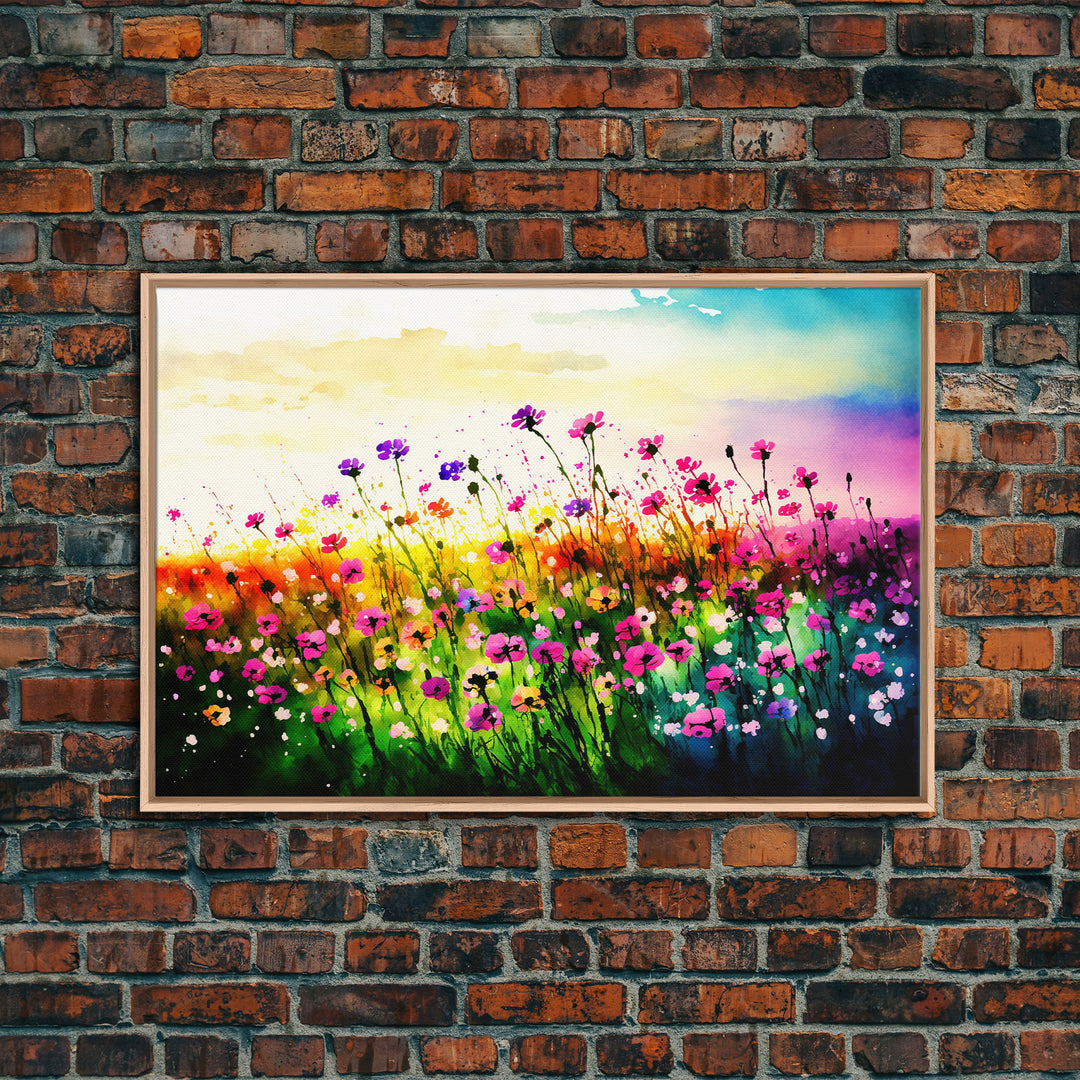 Field Of Rainbow Colored Wild Flowers, Watercolor, Framed Canvas Print, Original Art, Large Format Art, huge living room art