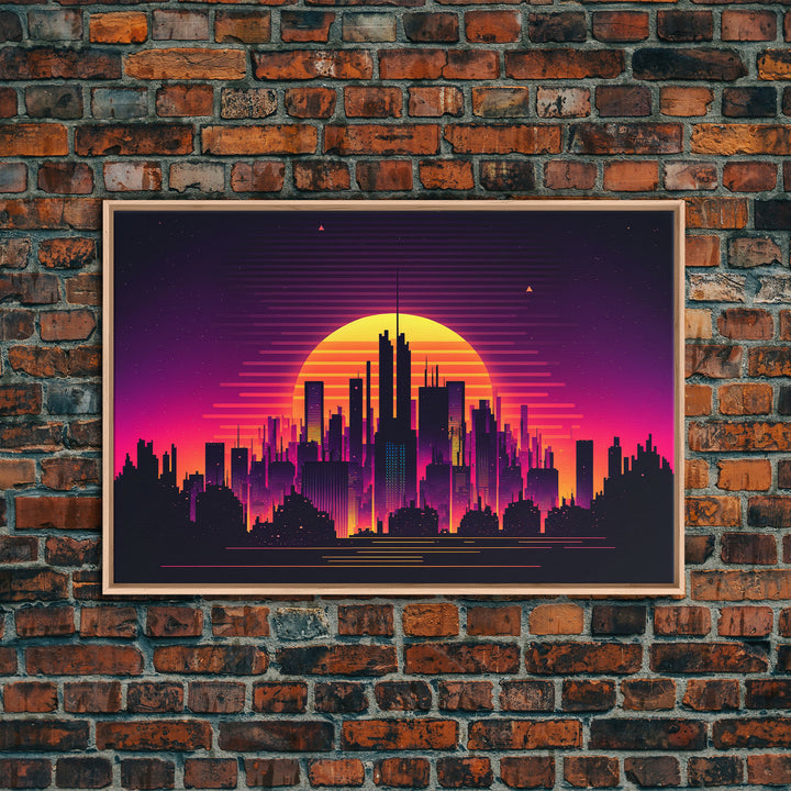 Outrun Style Futuristic Cyberpunk City Skyline at Sunset, Concept art, framed canvas print, dystopian art