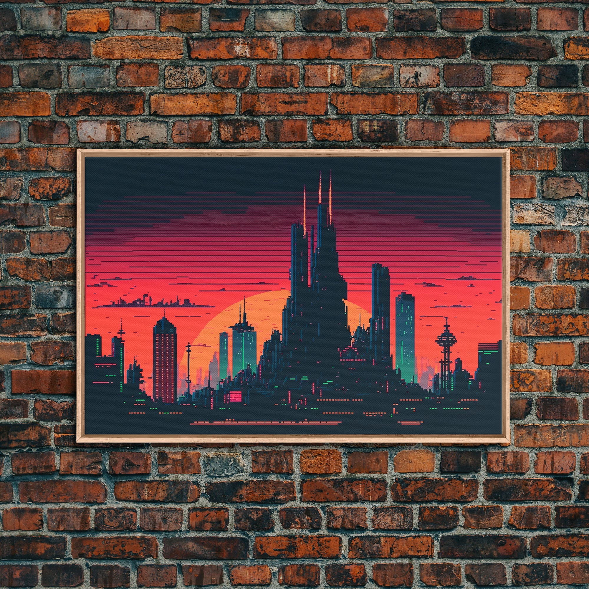 Outrun Style Pixel Art Futuristic Cyberpunk City Skyline at Sunset, Co ...