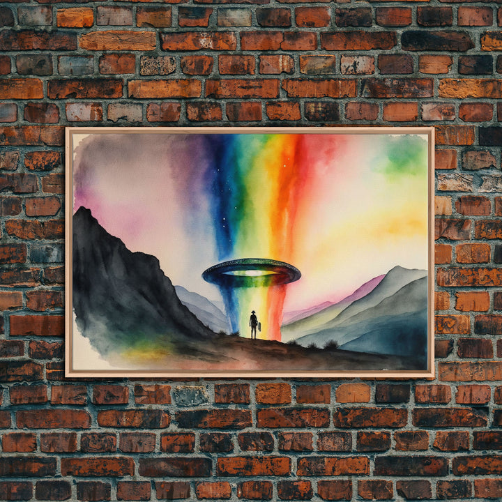 The Abduction, Rainbow UFO Art, Watercolor, Framed Canvas Print, Science Fiction Wall Decor